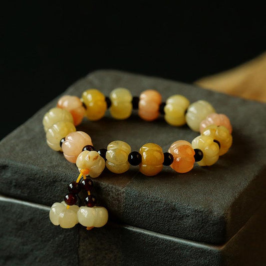 Golden Glow: Natural Silk Jade Bracelet with Unique Pumpkin Beads | Higher Frequencies - HigherFrequencies