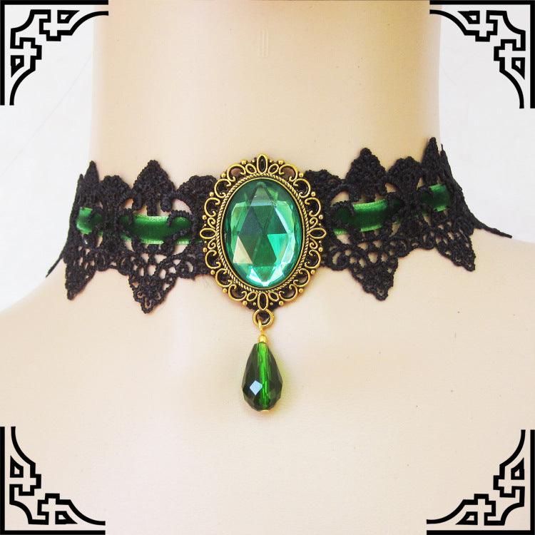 Gothic Natural Crystal Jewel Black Laced Necklace Choker - HigherFrequencies