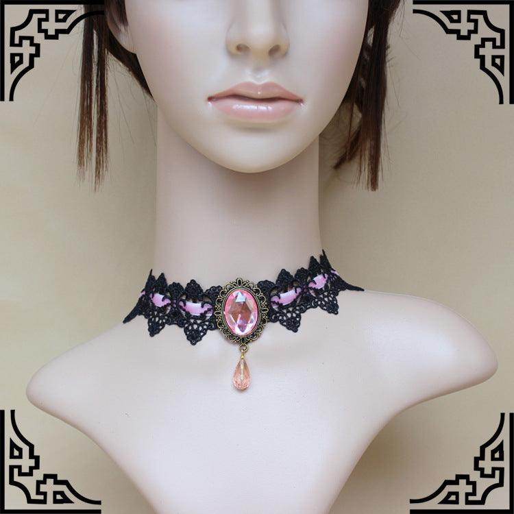Gothic Natural Crystal Jewel Black Laced Necklace Choker - HigherFrequencies