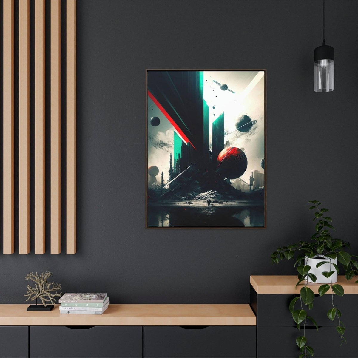 Metropolis Futuristic City On A Planet Surrounded By Planets- Digital Art Framed - HigherFrequencies