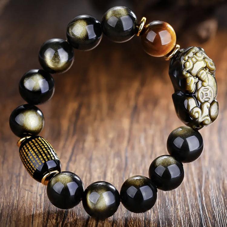 Natural Gold Obsidian Double Pi Yao Bracelet for Wealth Attraction | Higher Frequencies - HigherFrequencies