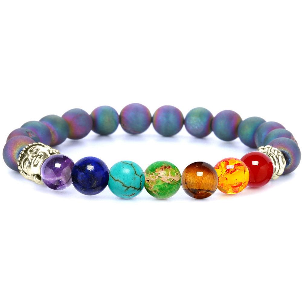 Seven Chakra Aura Beaded Bracelet with Lava Stone and Tiger Eye Beads | Higher Frequencies" - HigherFrequencies
