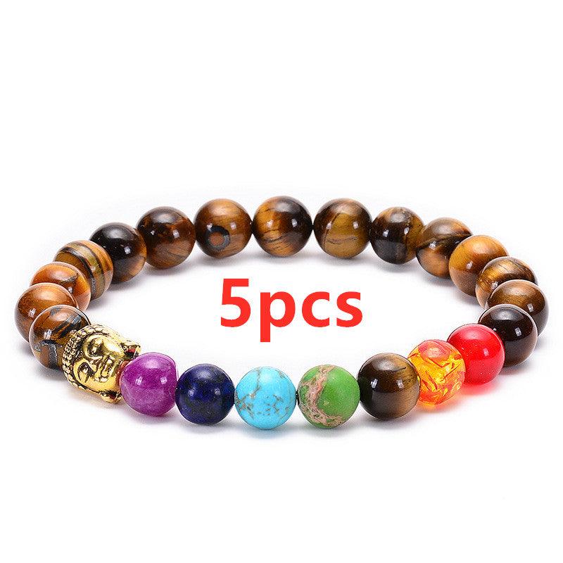 Seven Chakra Aura Beaded Bracelet with Lava Stone and Tiger Eye Beads | Higher Frequencies" - HigherFrequencies