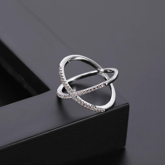 Silver Crystal Encrusted Criss Cross Ring - HigherFrequencies