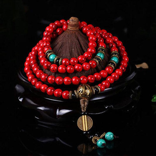 Spiritual Harmony: 108 Prayer Beads in Red & Turquoise Bracelet | Higher Frequencies - HigherFrequencies