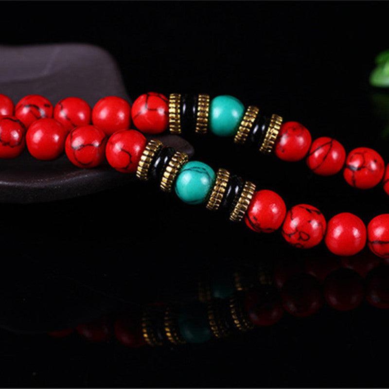 Spiritual Harmony: 108 Prayer Beads in Red & Turquoise Bracelet | Higher Frequencies - HigherFrequencies