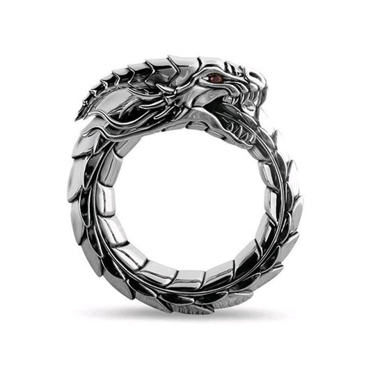 Vintage Horned Dragon Steel Epic Men's Ring - HigherFrequencies
